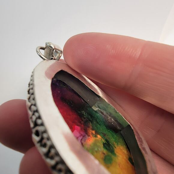 Handmade Fluorite Gemstone Pendant in Sterling Silver Colorful Statement Jewelry - Picture 7 of 10